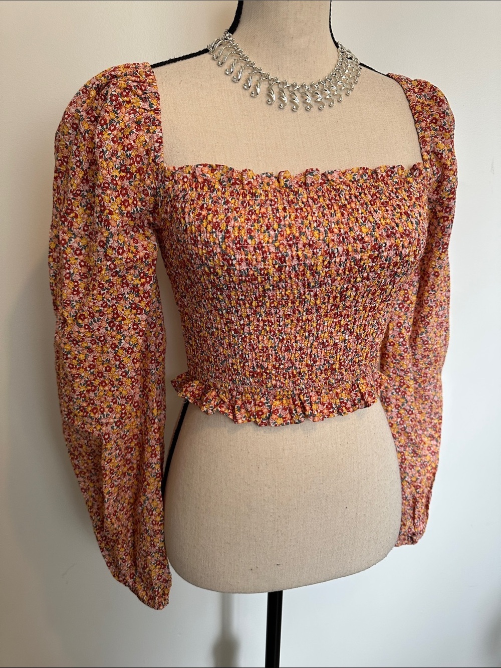 MINKPINK Morwell Floral Smocked Puff Sleeve Crop Top - Pink, Yellow Small